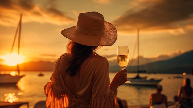 Woman drinking wine on the beach at sunset Generative AI