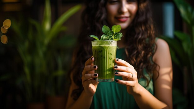 Photo a woman drinks a diet cocktail the concept of healthy eatingai