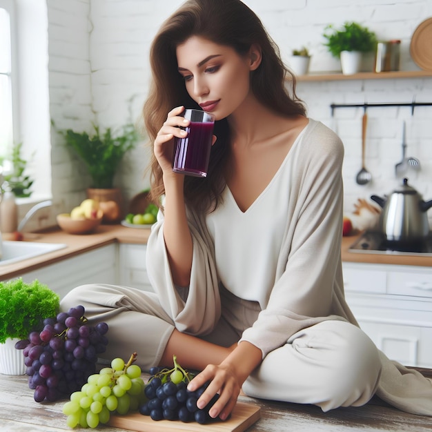 Photo woman drinks grappe juice at white kitchen