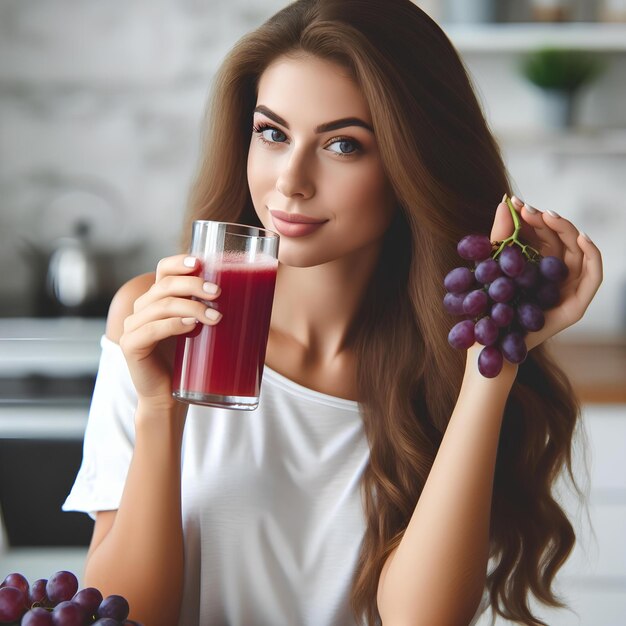 Photo woman drinks grappe juice at white kitchen