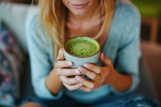 女性がカフェでマッチ茶を飲んでいます