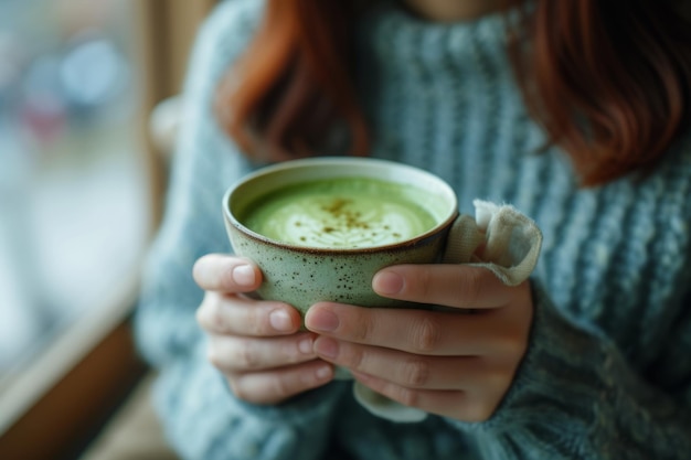 女性がカフェでマッチ茶を飲んでいます