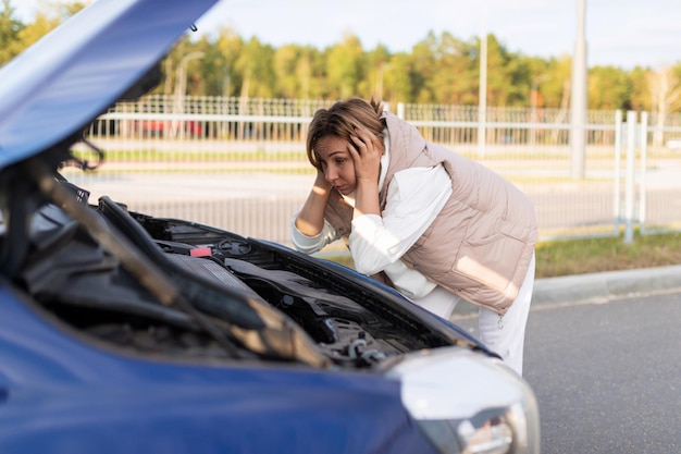 A woman driver in bewilderment putting her hands to her head looks at the engine of a broken car