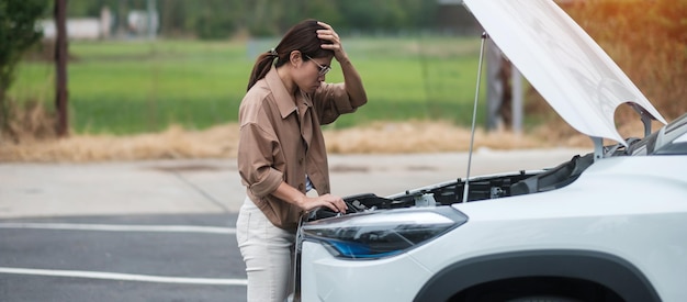 Woman driver standing near a problem car Breakdown or broken car on road Vehicle Insurance maintenance and service concept