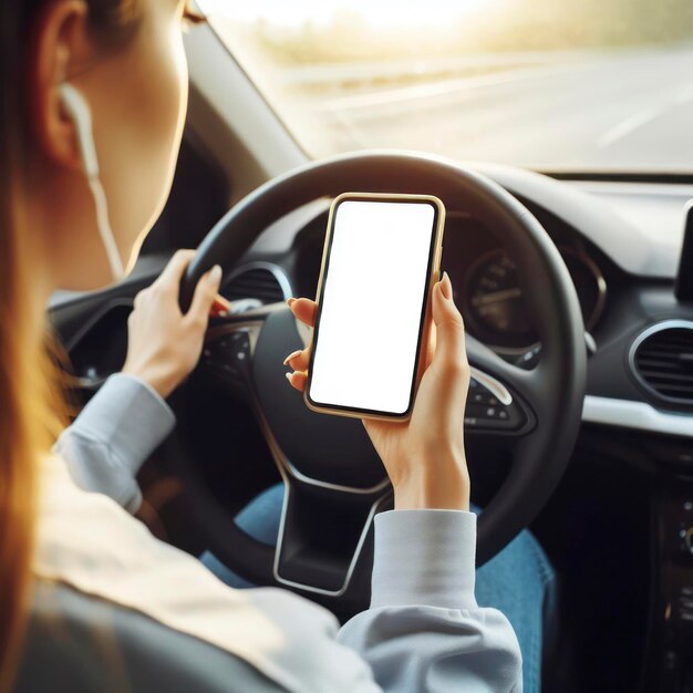 Woman driver using mobile phone screen blank mockup while driving distracted from the road ai