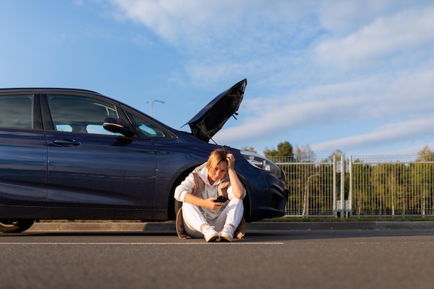 Woman driver waiting for help from emergency tow truck near broken down car with open hood