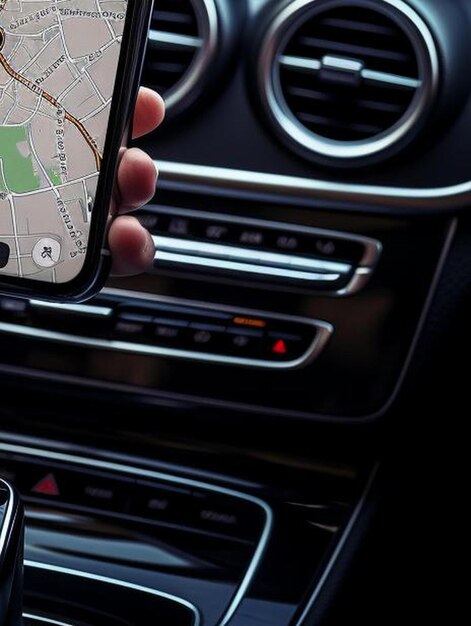 a woman driving a black car use your smartphone to view a map showing your travel route and use the