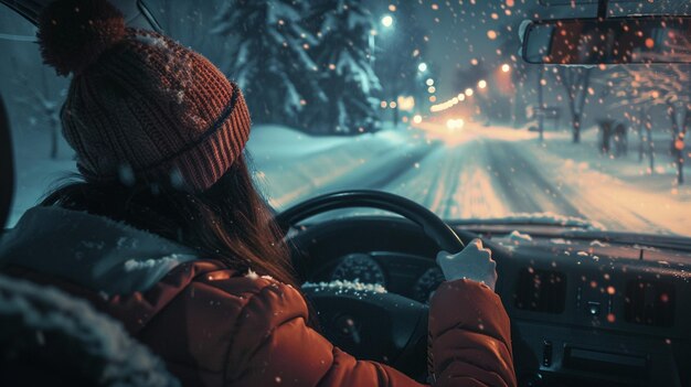 Photo a woman driving a car in the snow