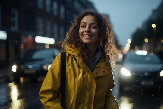 Woman driving in the city while it rains