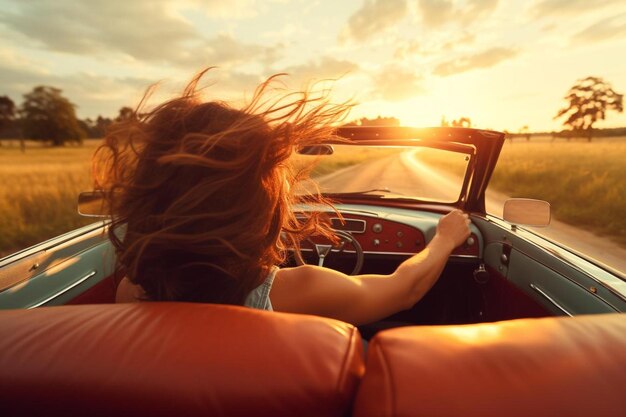 a woman driving a convertible car on a country road