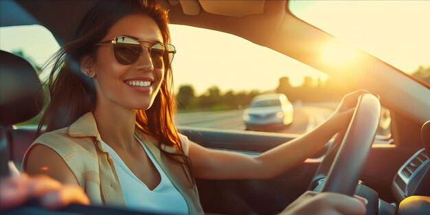 A woman driving her car with sunglasses on