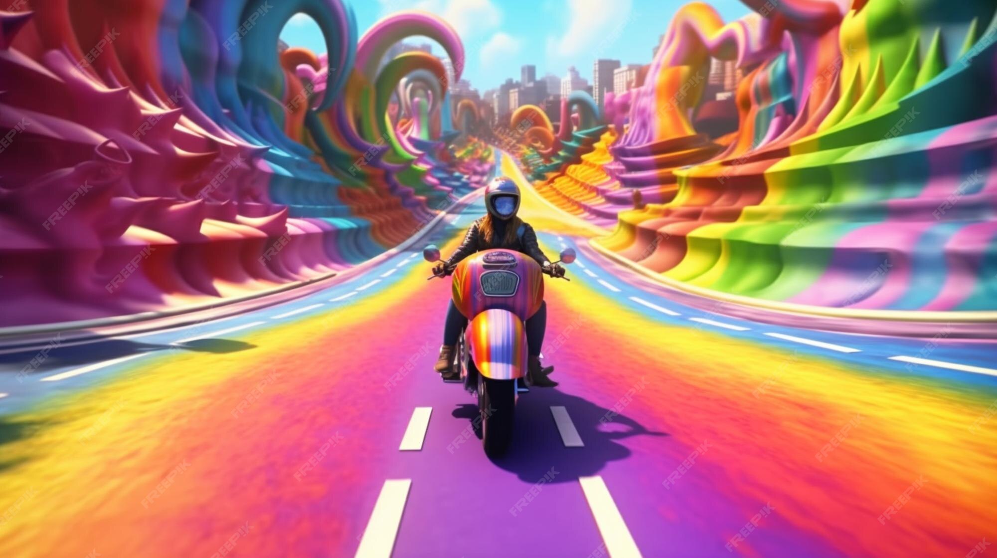 Premium AI Image A Woman Driving A Motorcycle On Rainbow Road In premium-ai-image-a-woman-driving-a-motorcycle-on-rainbow-road-in