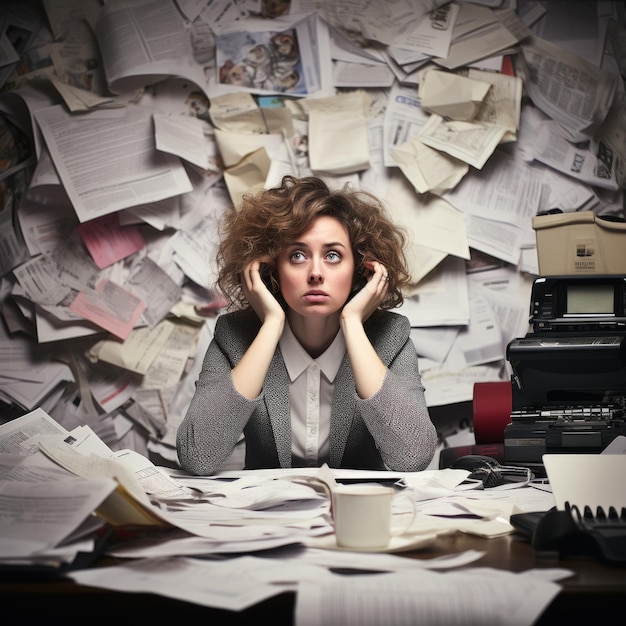 Photo a woman drowning in paperwork