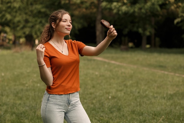 Woman eat ice cream and apple