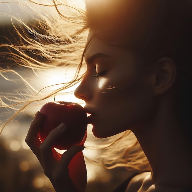 写真 リンゴを食べている女性