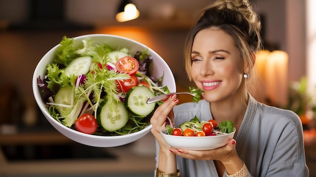 Woman eating bowl of salad