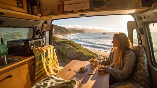 Photo woman eating breakfast while driving past the beach the generative ai