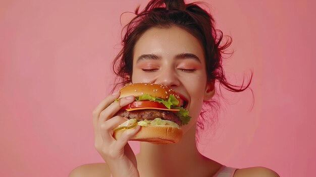 Woman eating a burger sandwich with an eager mouth against a pink background Generative AI