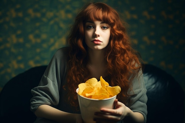 写真 チップスを食べる女性