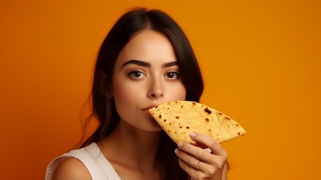 A woman eating a flat bread