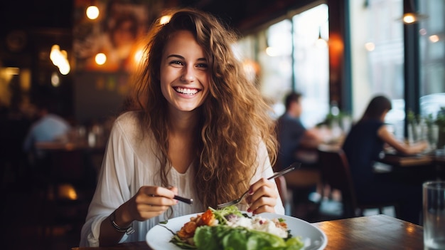 レストランで食べ物を食べる女性