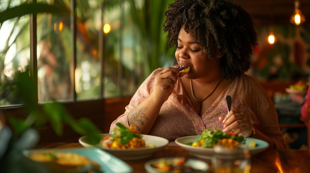 a woman eating food with a tasty looking tattoo