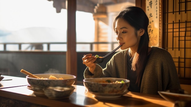 Photo a woman eating food