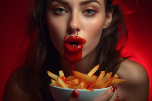 写真 人工知能で作られたフライドポテトを食べている女性