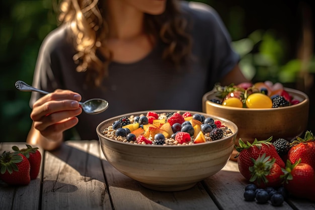 Woman eating fruit bowl for breakfast Generative Ai