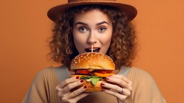 A woman eating a hamburger with a brown hat.