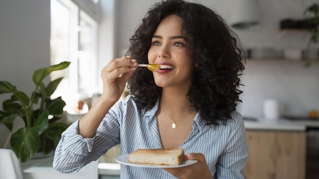 Foto woman eating honey with toast for breakfast