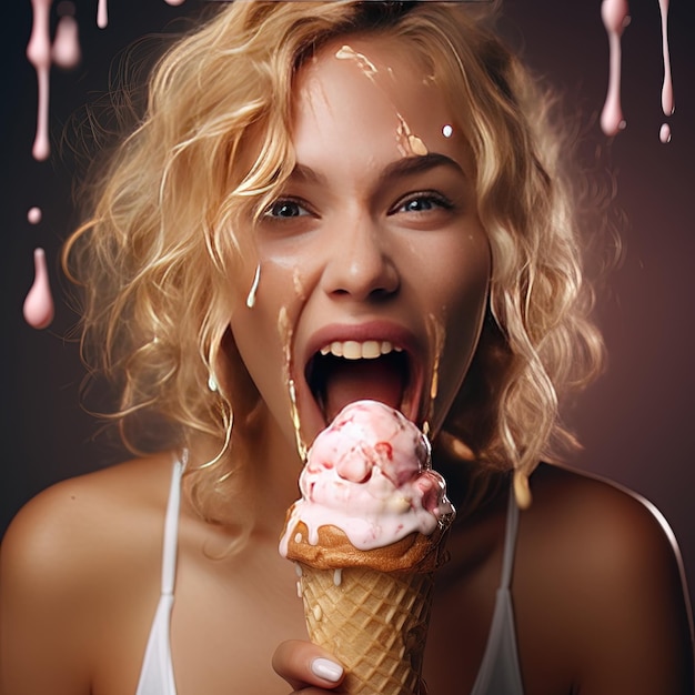 a woman eating an ice cream cone with ice cream on it.