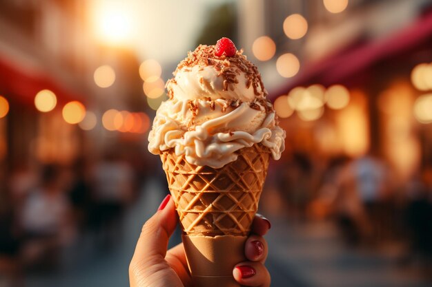 路上でアイスクリームを食べる女性