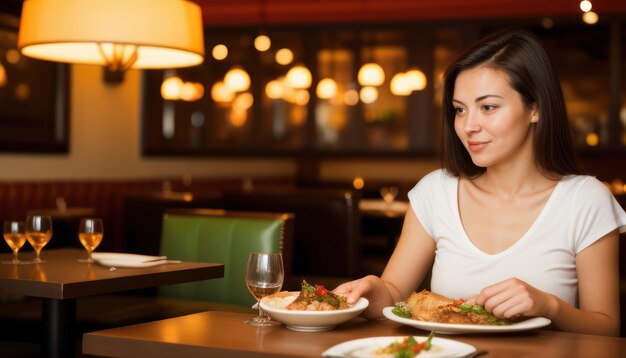 Женщина ест в ресторане.