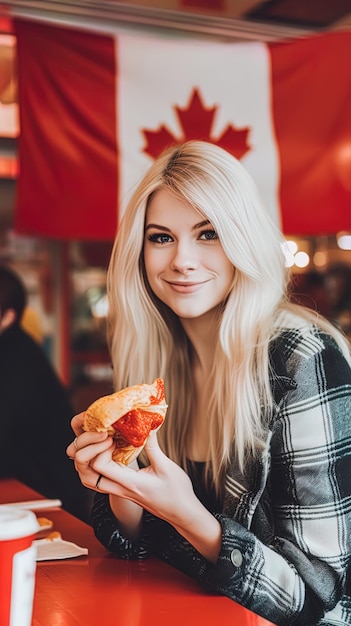 A woman eating a sandwich in front of a canadian flag