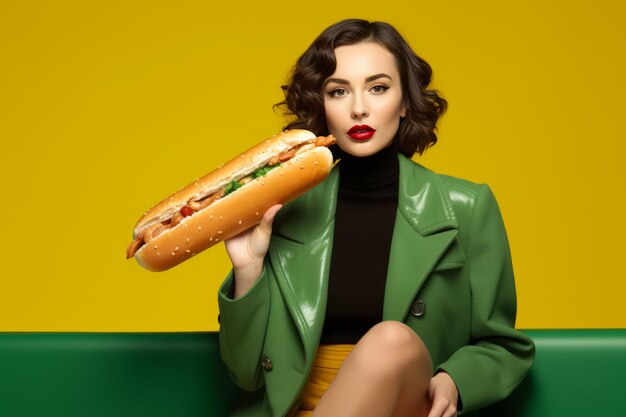 Женщина ест сэндвич.