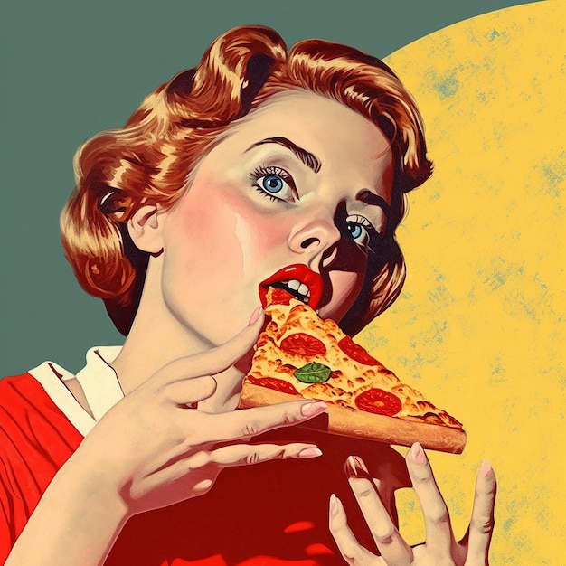 노란색 배경의 피자 한 조각을 먹는 여자.
