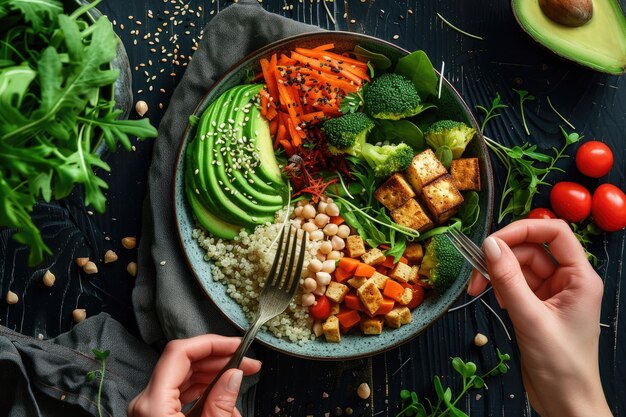 Photo woman eating vegan salad plantbased food concept top view