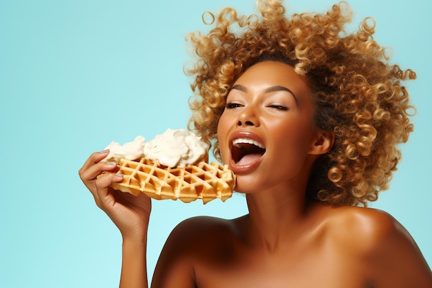 Woman eating waffles topped with cream 1