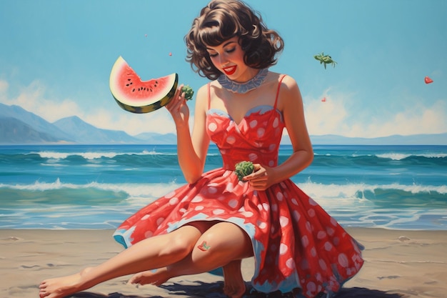 Woman eating watermelon at the beach