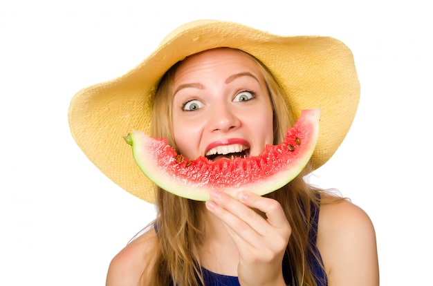 Woman eating watermelon isolated