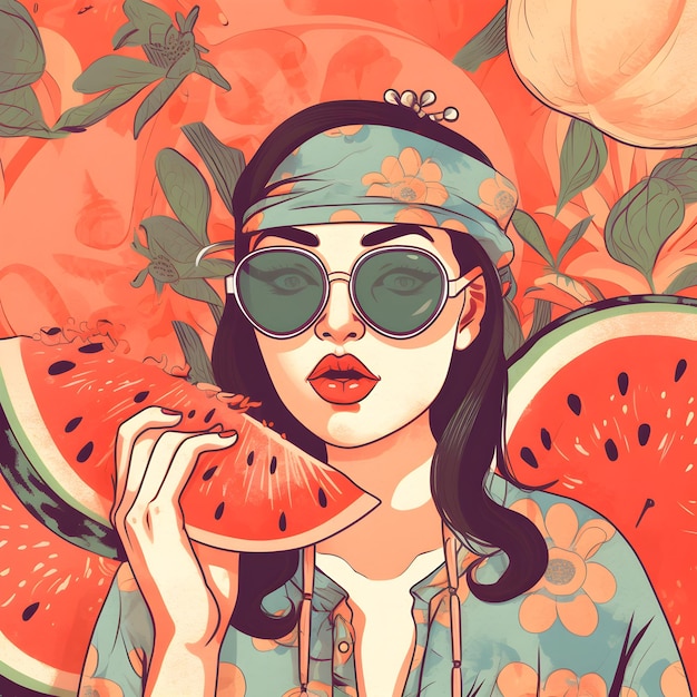 A woman eating watermelon