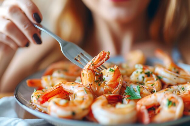 Woman eats boiled shrimp close up