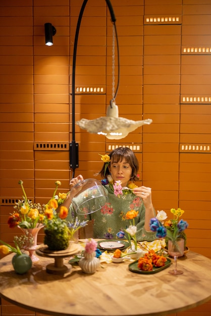 Woman eats flowers by the table