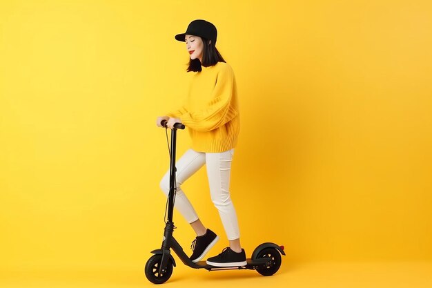 Photo woman electric kick scooter speed road generate ai