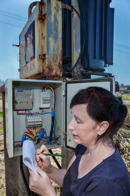 配電ヒューズボックス内の電気カウンター機器を検査する女性電気技師エンジニア。