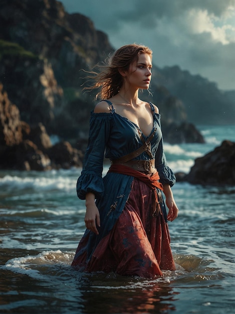 Photo woman in elegant dress enjoying sunset at the beach