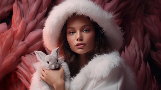 A woman elegantly clad in a fur coat gently cradles a cat in her arms