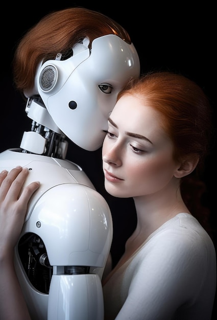 Photo woman in to embrace a humans robot generative ai