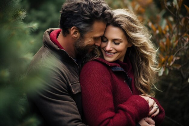 Photo woman embraces her partner in front of bushes